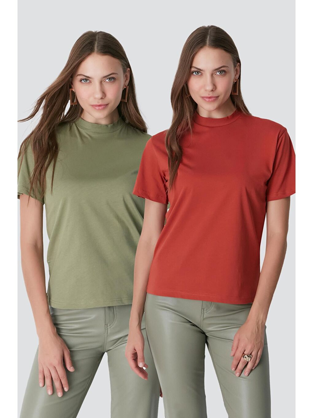 Dik Yaka Kısa Kol 2'li Basic T-Shirt 957 Haki/Kiremit