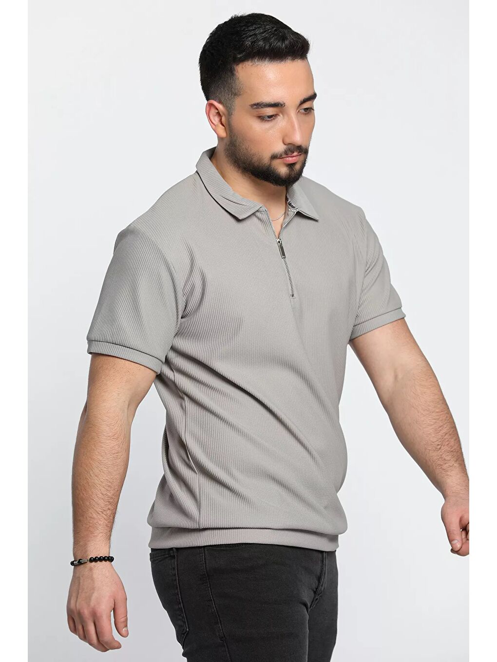 Gri Fermuarlı Polo Yaka Jakarlı Erkek Tişört-1