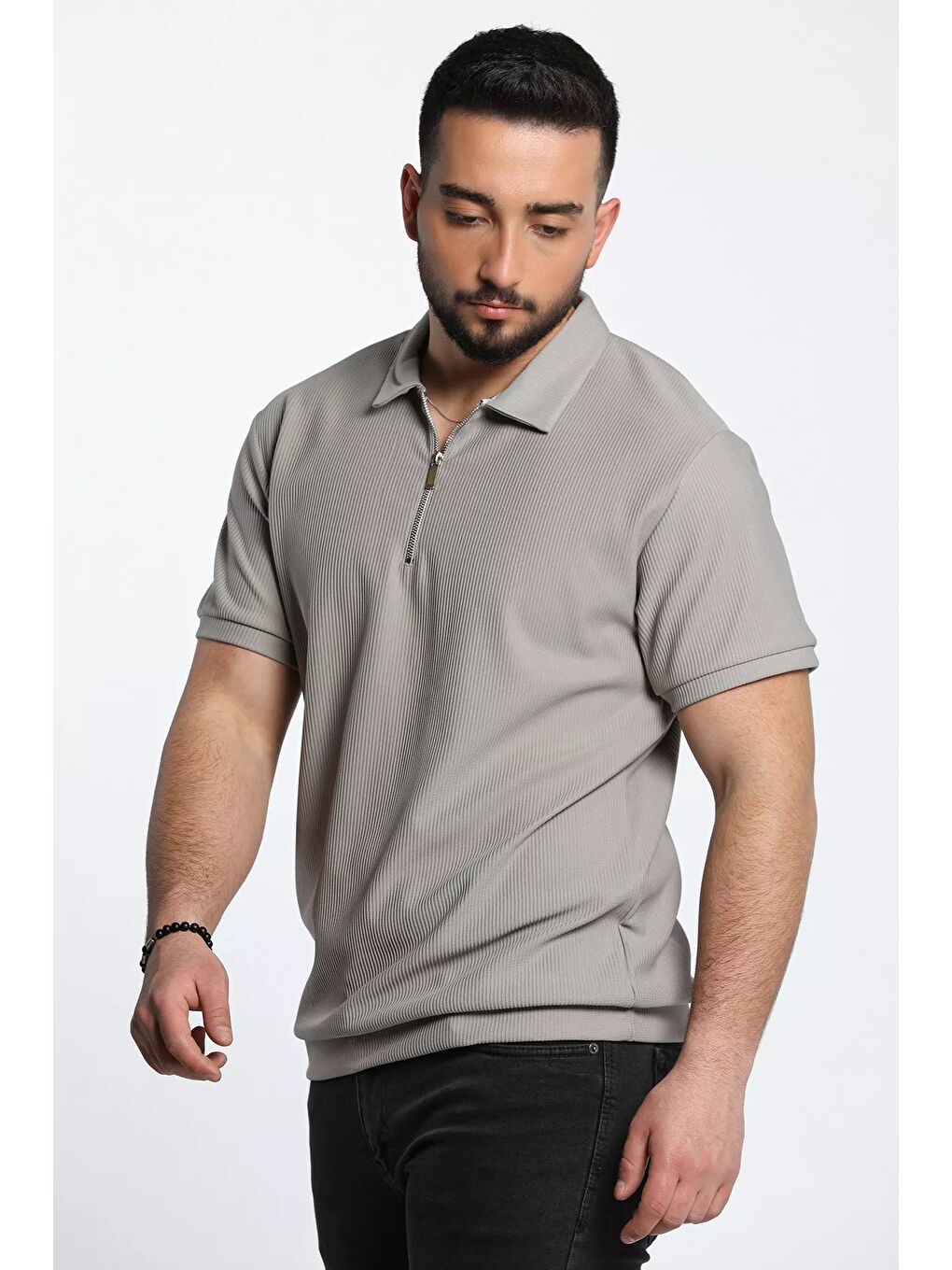 Gri Fermuarlı Polo Yaka Jakarlı Erkek Tişört-2