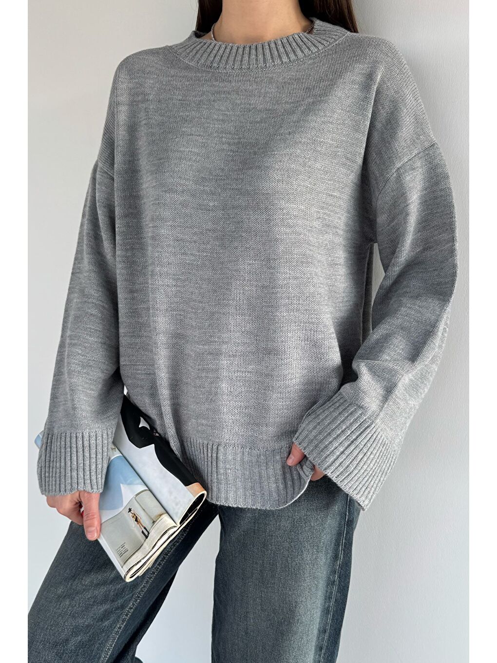 Gri Kadın Bisiklet Yaka Triko Kazak