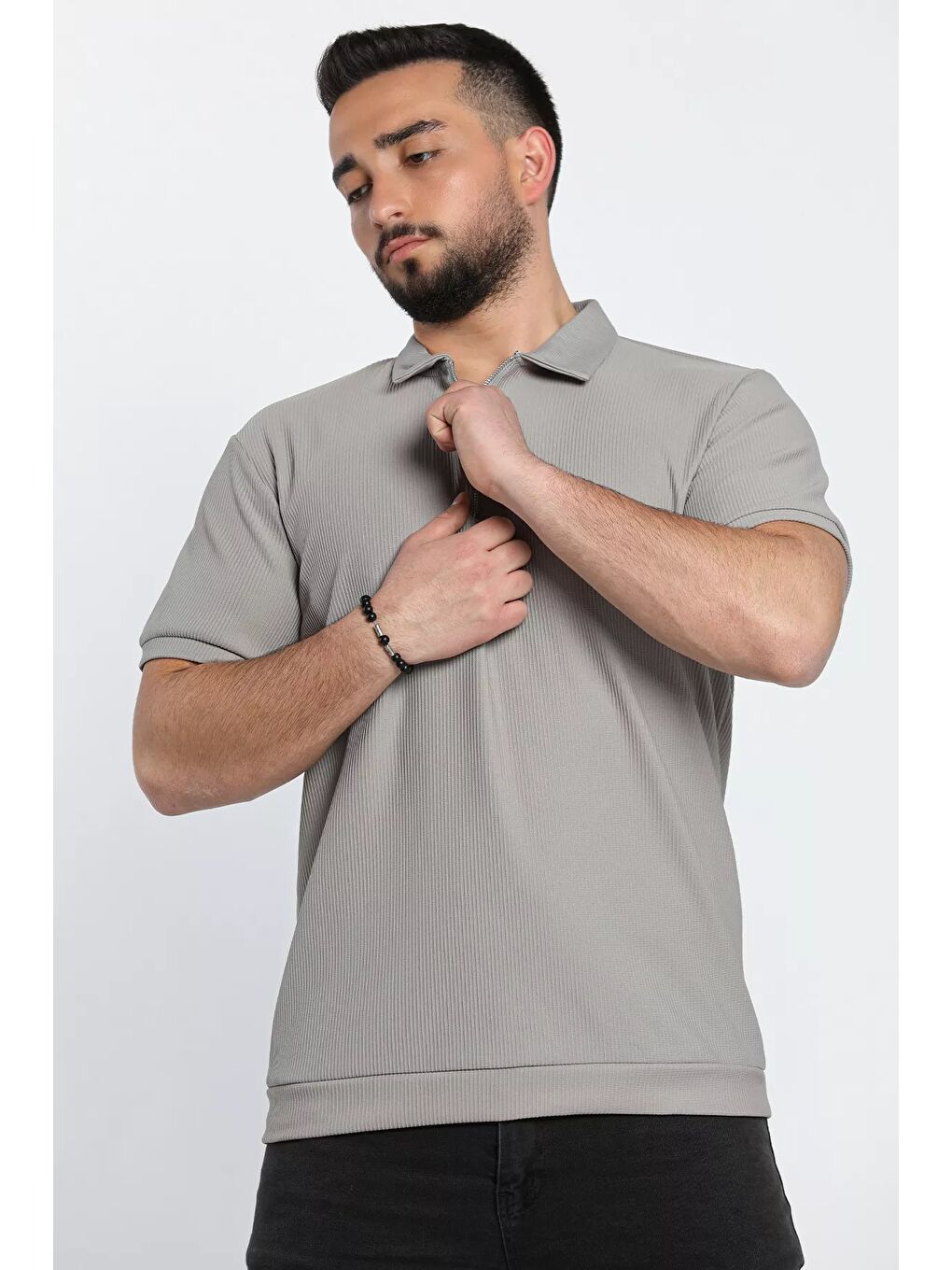 Gri Fermuarlı Polo Yaka Jakarlı Erkek Tişört-3