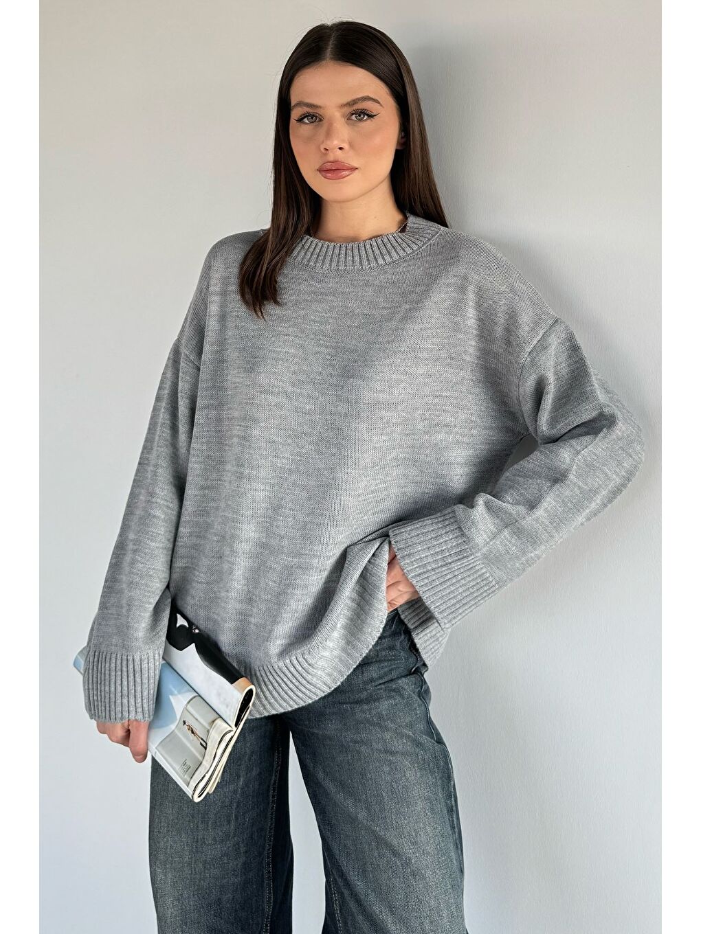 Gri Kadın Bisiklet Yaka Triko Kazak-1