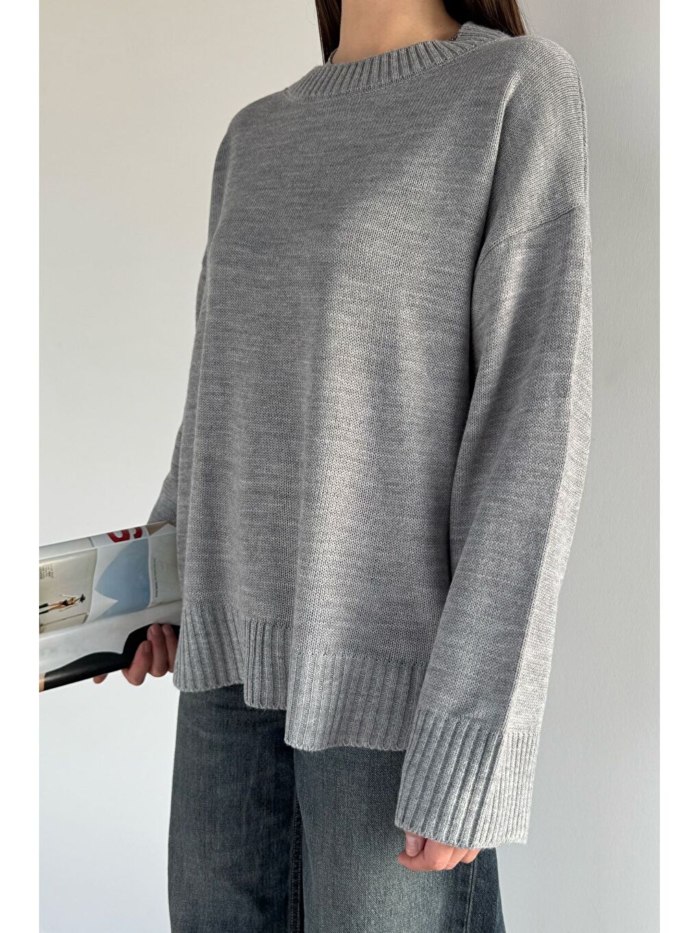 Gri Kadın Bisiklet Yaka Triko Kazak-2