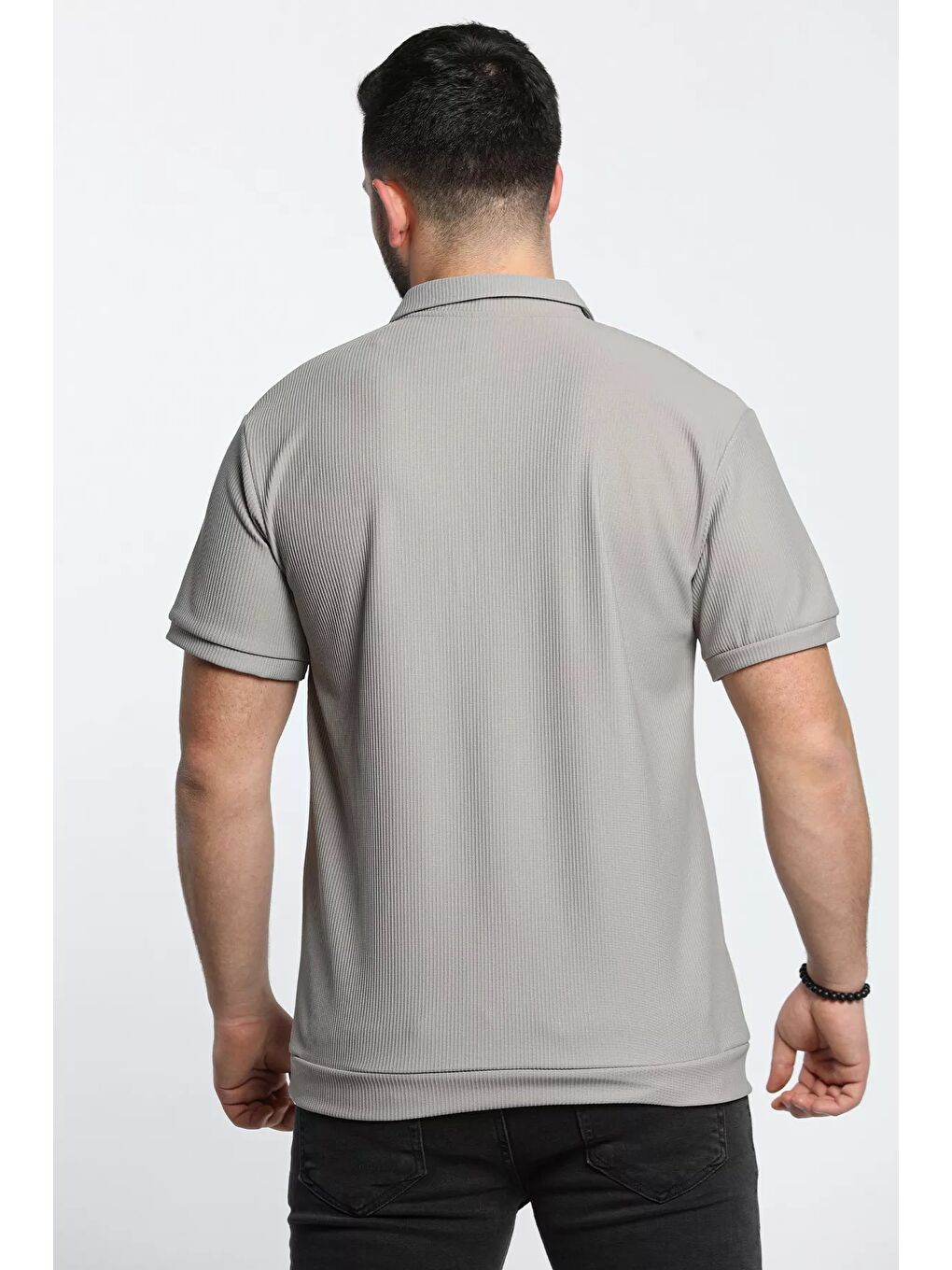 Gri Fermuarlı Polo Yaka Jakarlı Erkek Tişört-4