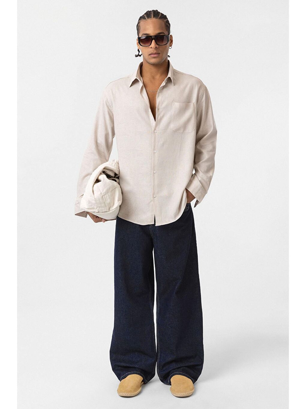 Cep Detaylı Oversize Uzun Kol Gömlek Bej