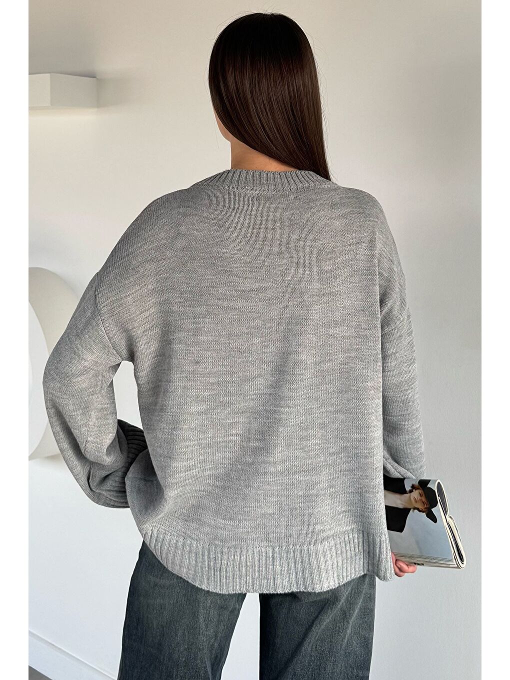 Gri Kadın Bisiklet Yaka Triko Kazak-3