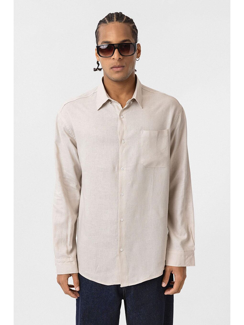 Cep Detaylı Oversize Uzun Kol Gömlek Bej-1