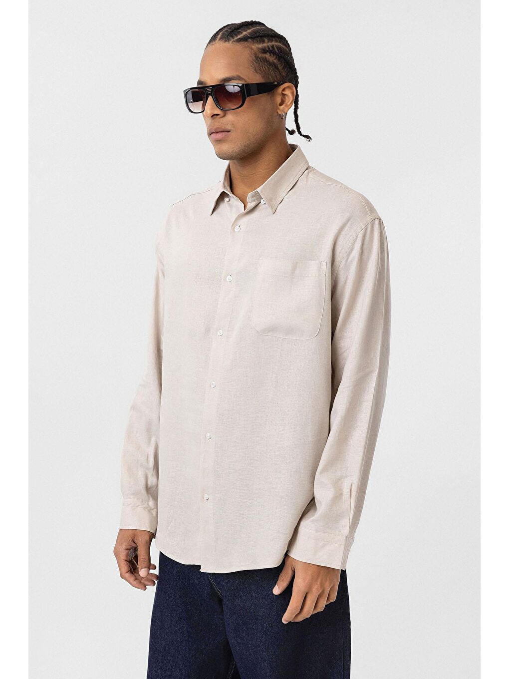 Cep Detaylı Oversize Uzun Kol Gömlek Bej-2