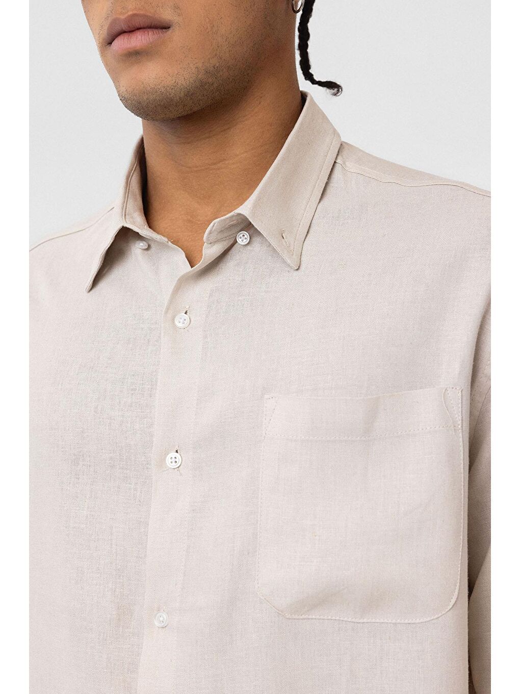 Cep Detaylı Oversize Uzun Kol Gömlek Bej-3