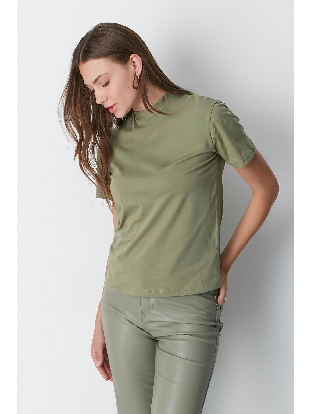 Dik Yaka Kısa Kol 2'li Basic T-Shirt 957 Haki/Kiremit-8