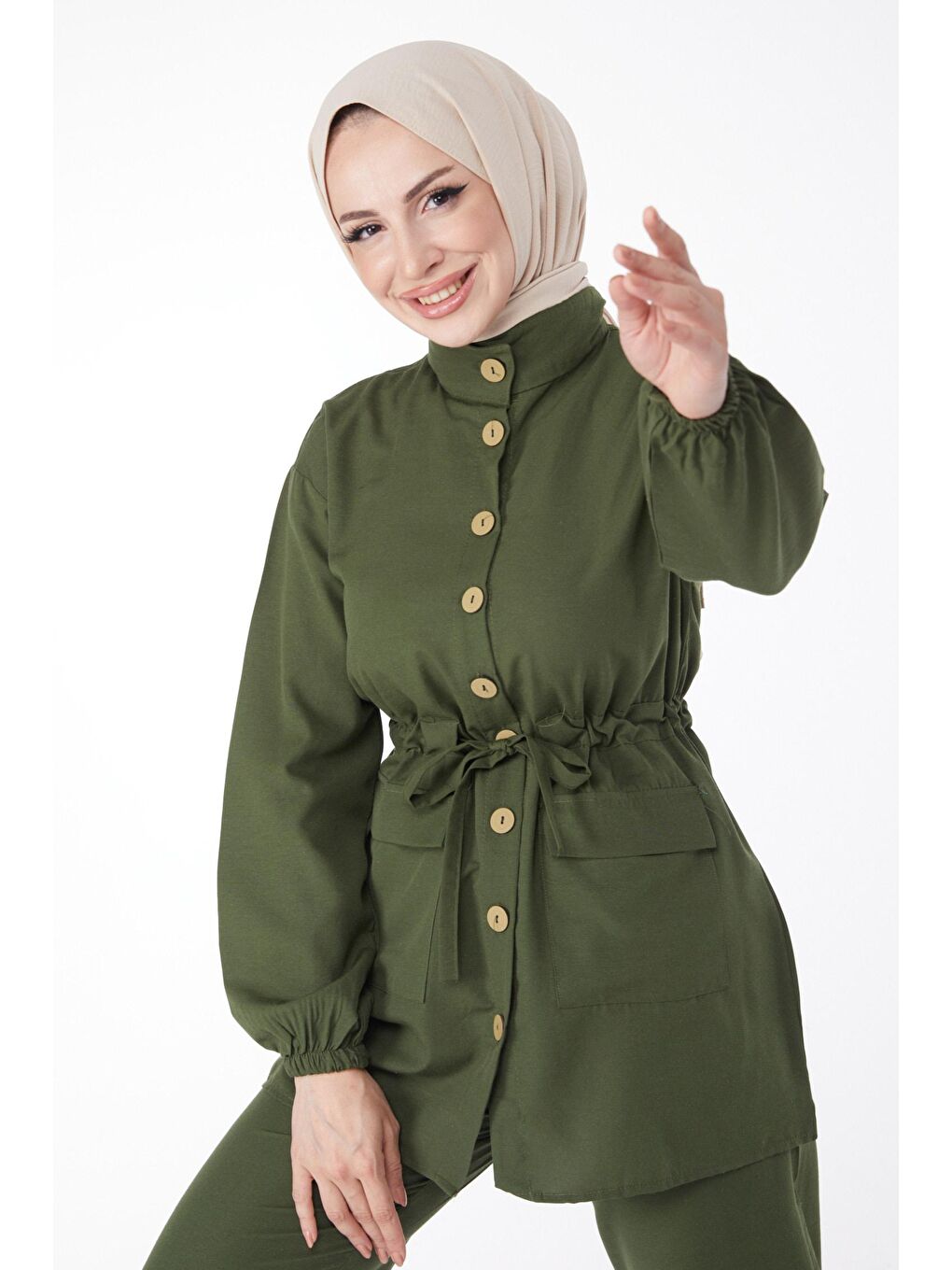 Gömlek Yaka Kadın Haki Belden Bağcıklı Cepli İkili Takım - 13143