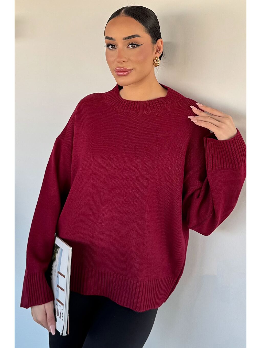 Bordo Kadın Bisiklet Yaka Triko Kazak-1