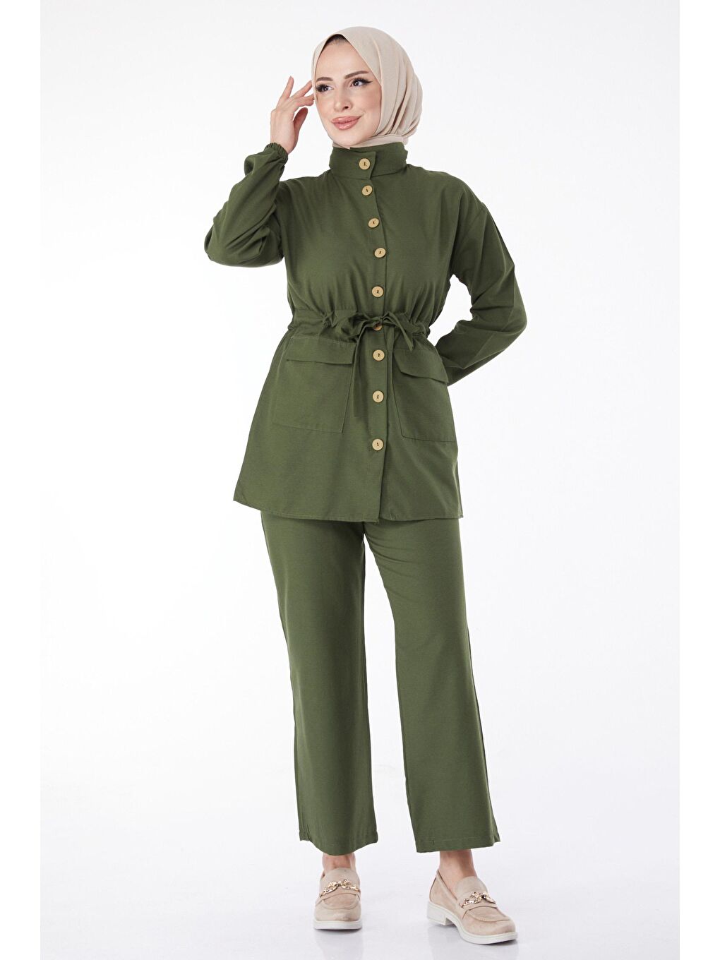 Gömlek Yaka Kadın Haki Belden Bağcıklı Cepli İkili Takım - 13143-1