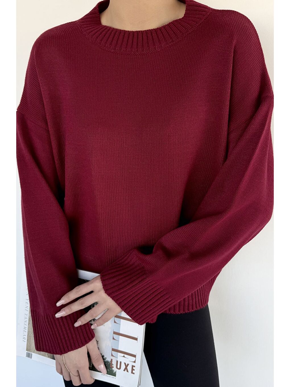 Bordo Kadın Bisiklet Yaka Triko Kazak-2