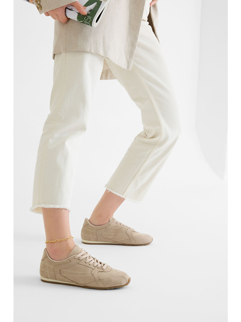 Bej Kadın Vizon Kauçuk Taban Nefes Alabilen Bağcıklı Sneaker-1