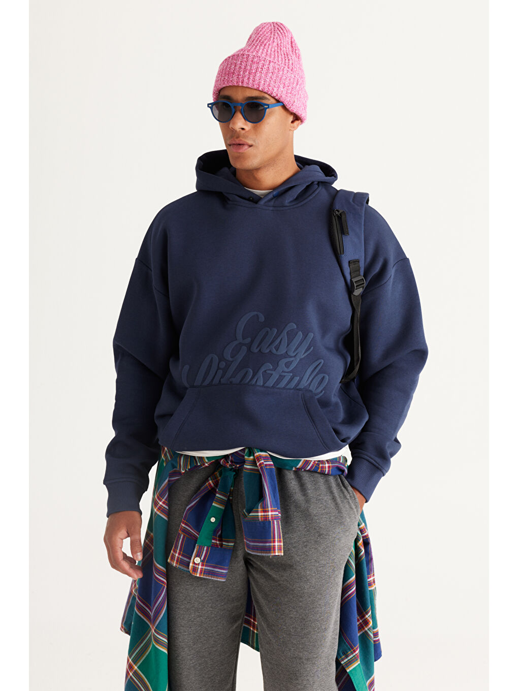 Erkek İndigo Oversize Fit Bol Kesim Kapüşonlu İçi Polarlı Baskılı Sweatshirt