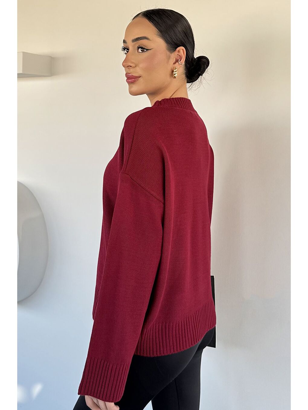 Bordo Kadın Bisiklet Yaka Triko Kazak-3