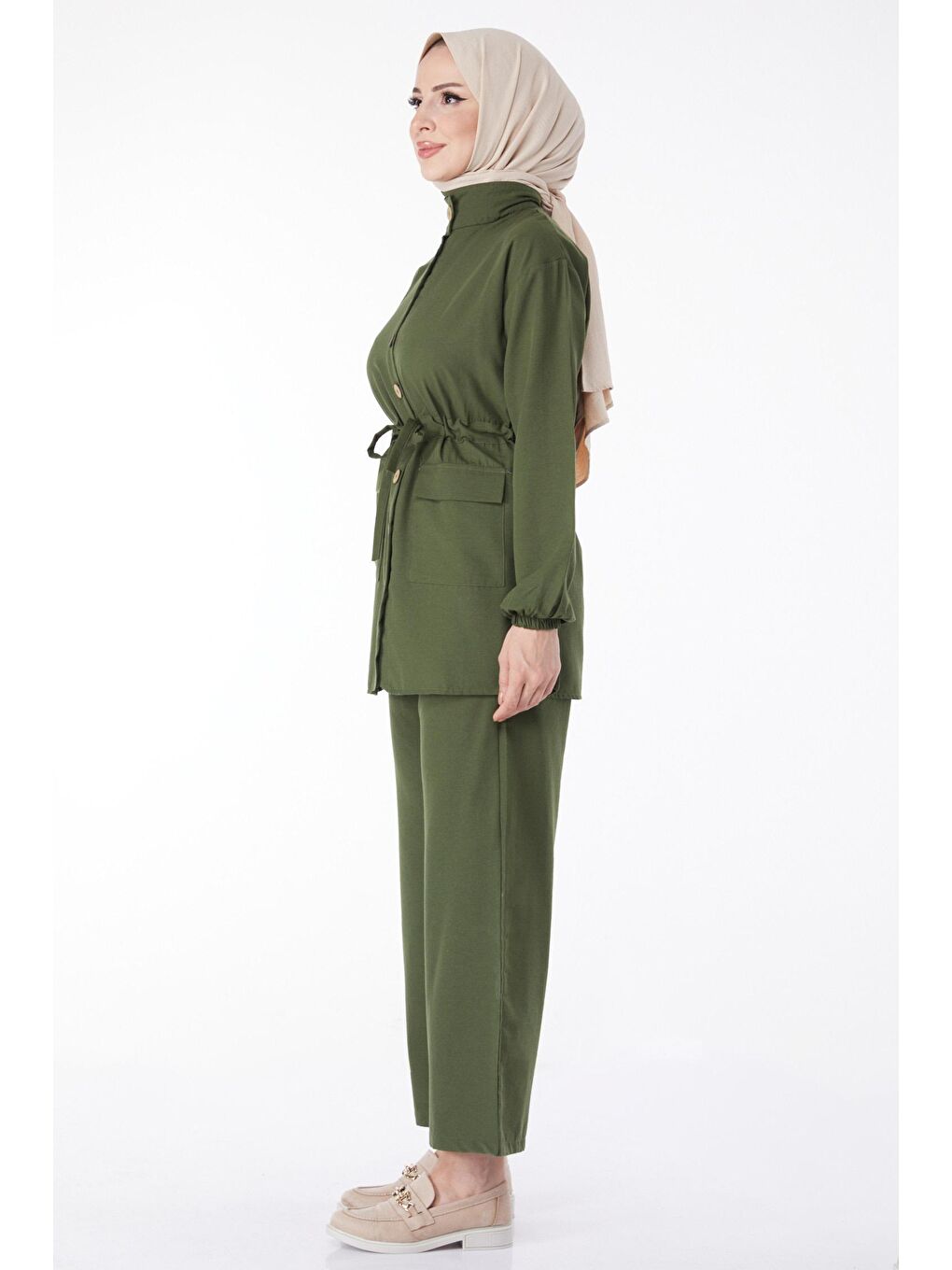 Gömlek Yaka Kadın Haki Belden Bağcıklı Cepli İkili Takım - 13143-2