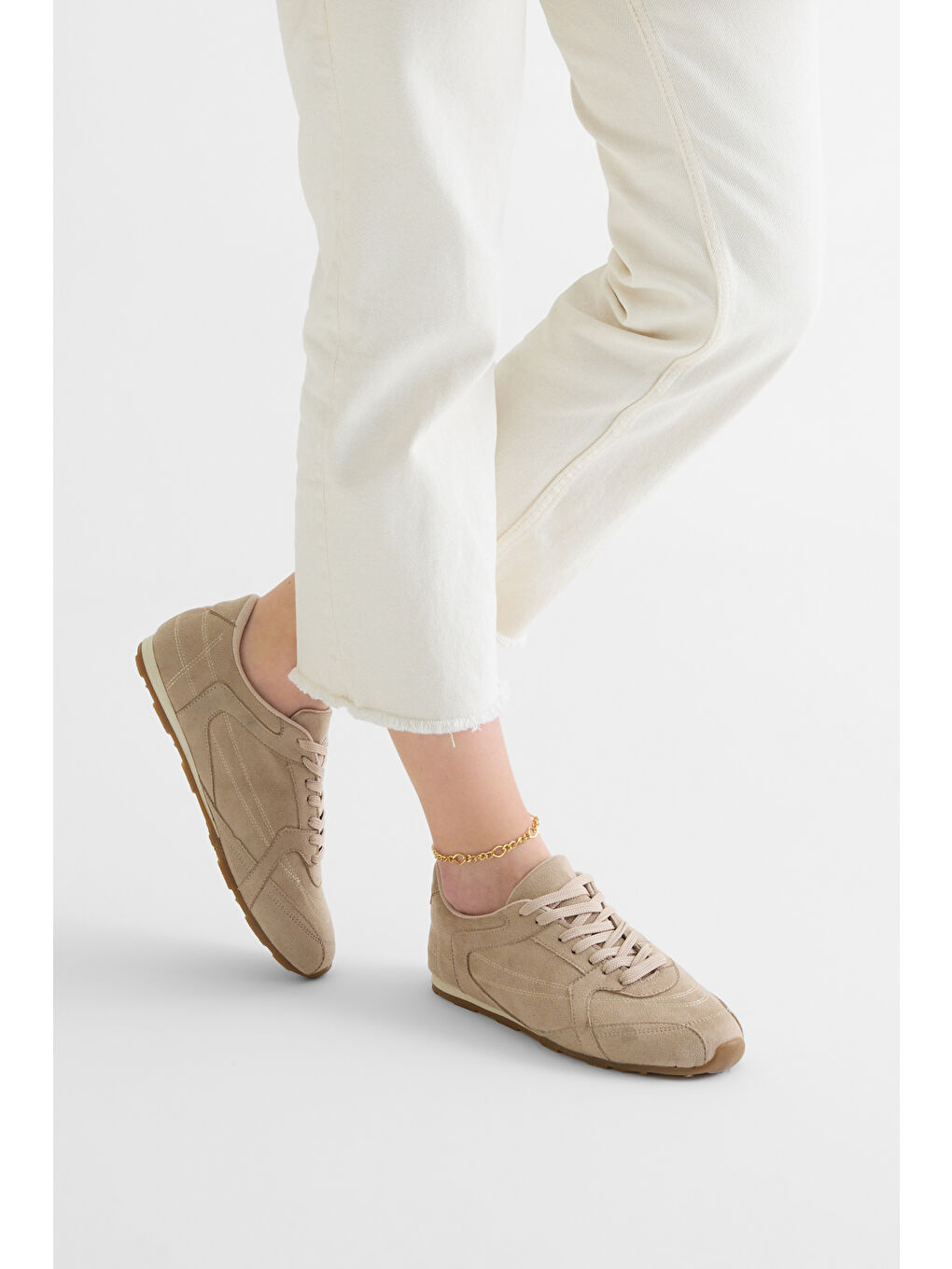 Bej Kadın Vizon Kauçuk Taban Nefes Alabilen Bağcıklı Sneaker-3