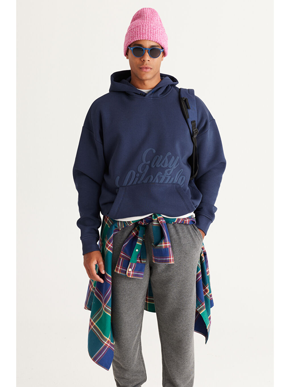 Erkek İndigo Oversize Fit Bol Kesim Kapüşonlu İçi Polarlı Baskılı Sweatshirt-1