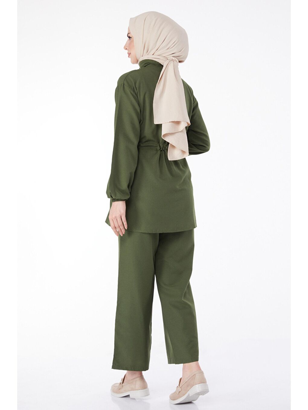 Gömlek Yaka Kadın Haki Belden Bağcıklı Cepli İkili Takım - 13143-3