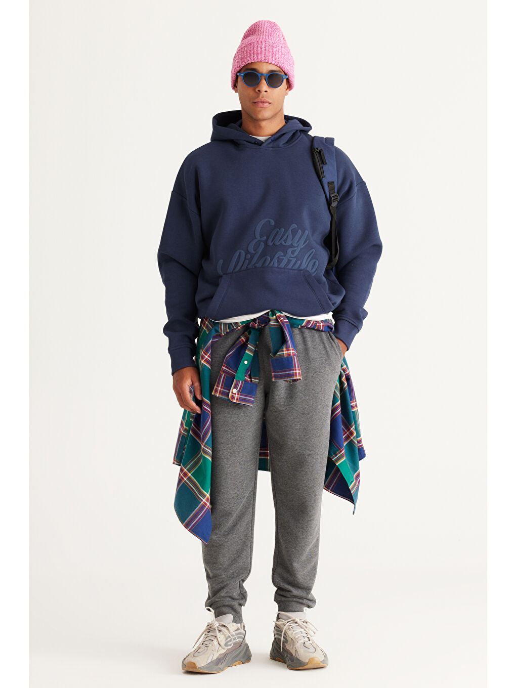 Erkek İndigo Oversize Fit Bol Kesim Kapüşonlu İçi Polarlı Baskılı Sweatshirt-2