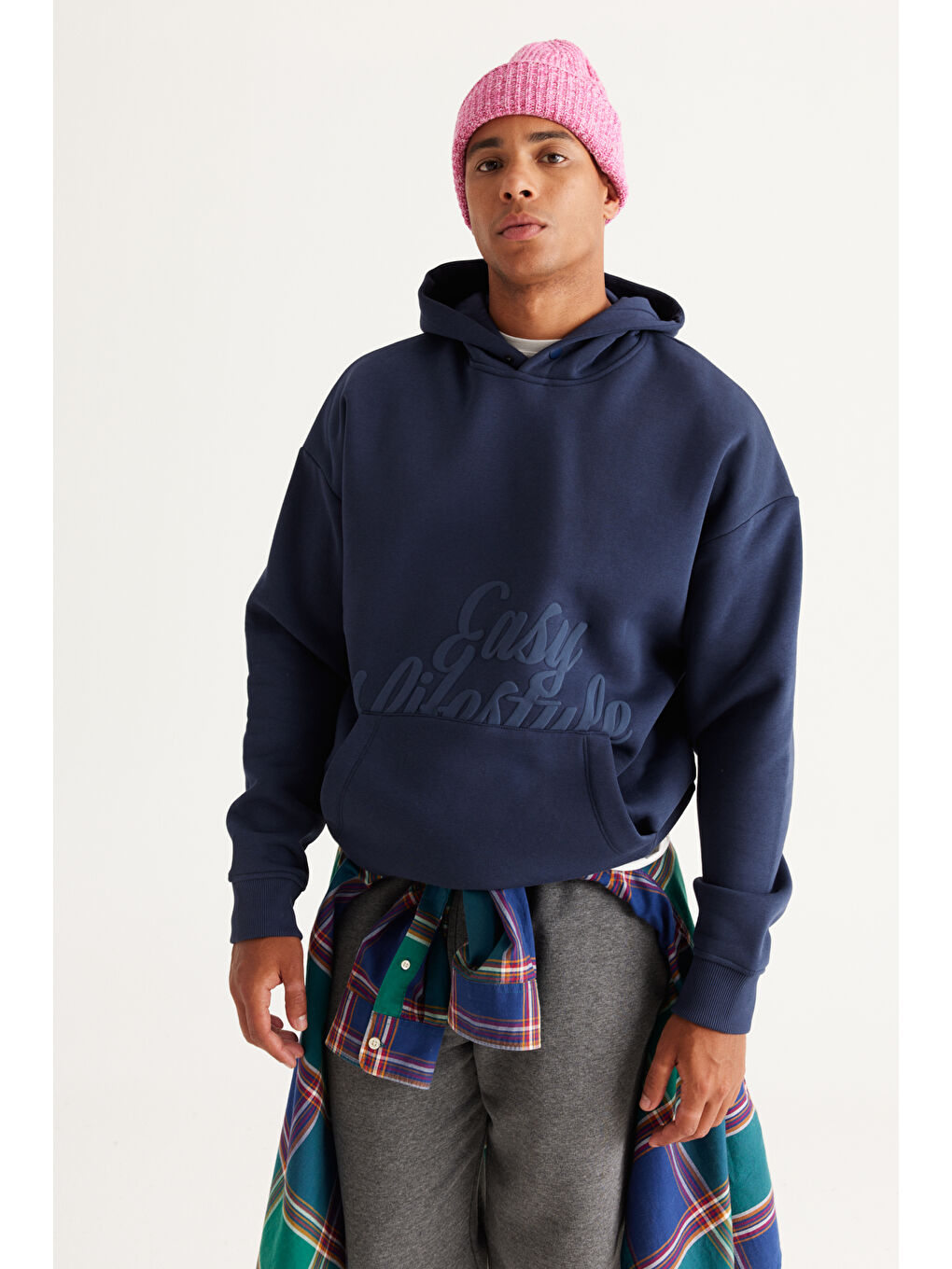 Erkek İndigo Oversize Fit Bol Kesim Kapüşonlu İçi Polarlı Baskılı Sweatshirt-3