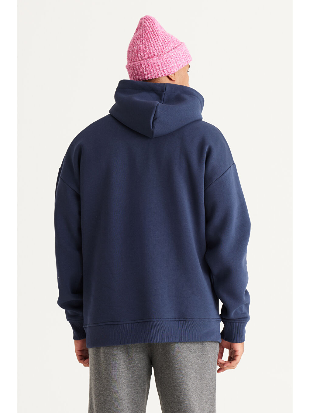 Erkek İndigo Oversize Fit Bol Kesim Kapüşonlu İçi Polarlı Baskılı Sweatshirt-4