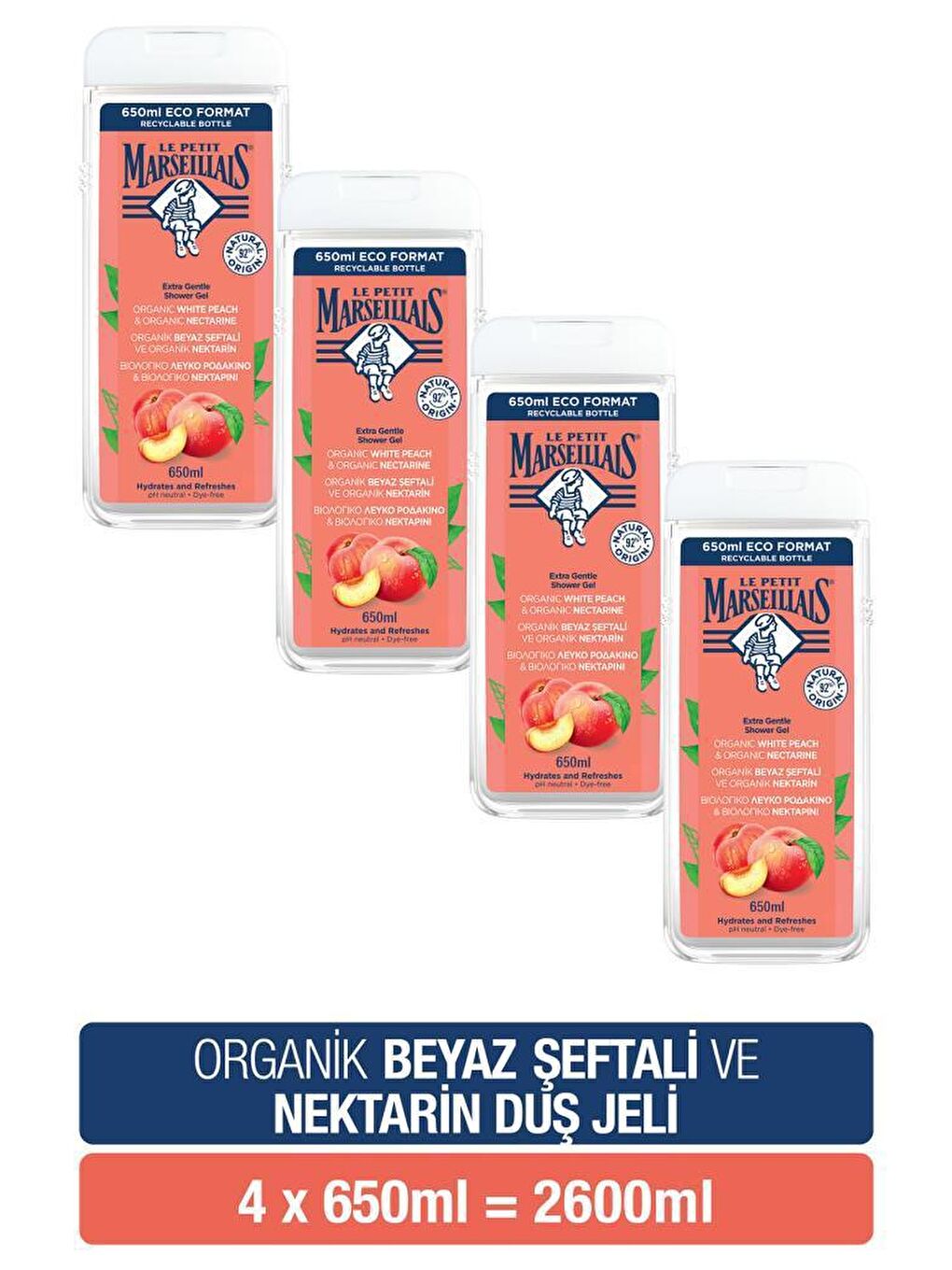 Le Petit Marseillais Renksiz Beyaz Şeftali ve Nektarin Banyo ve Duş Jeli Avantajlı Paket 650 ml x4