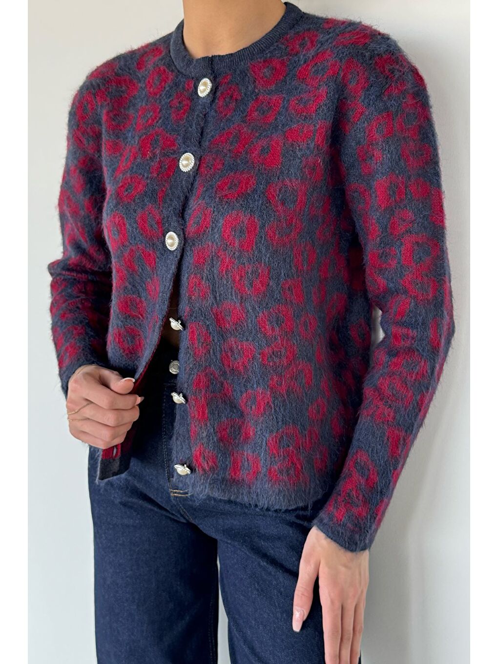 Lacivert Kadın Desenli İnci Düğmeli Triko Hırka