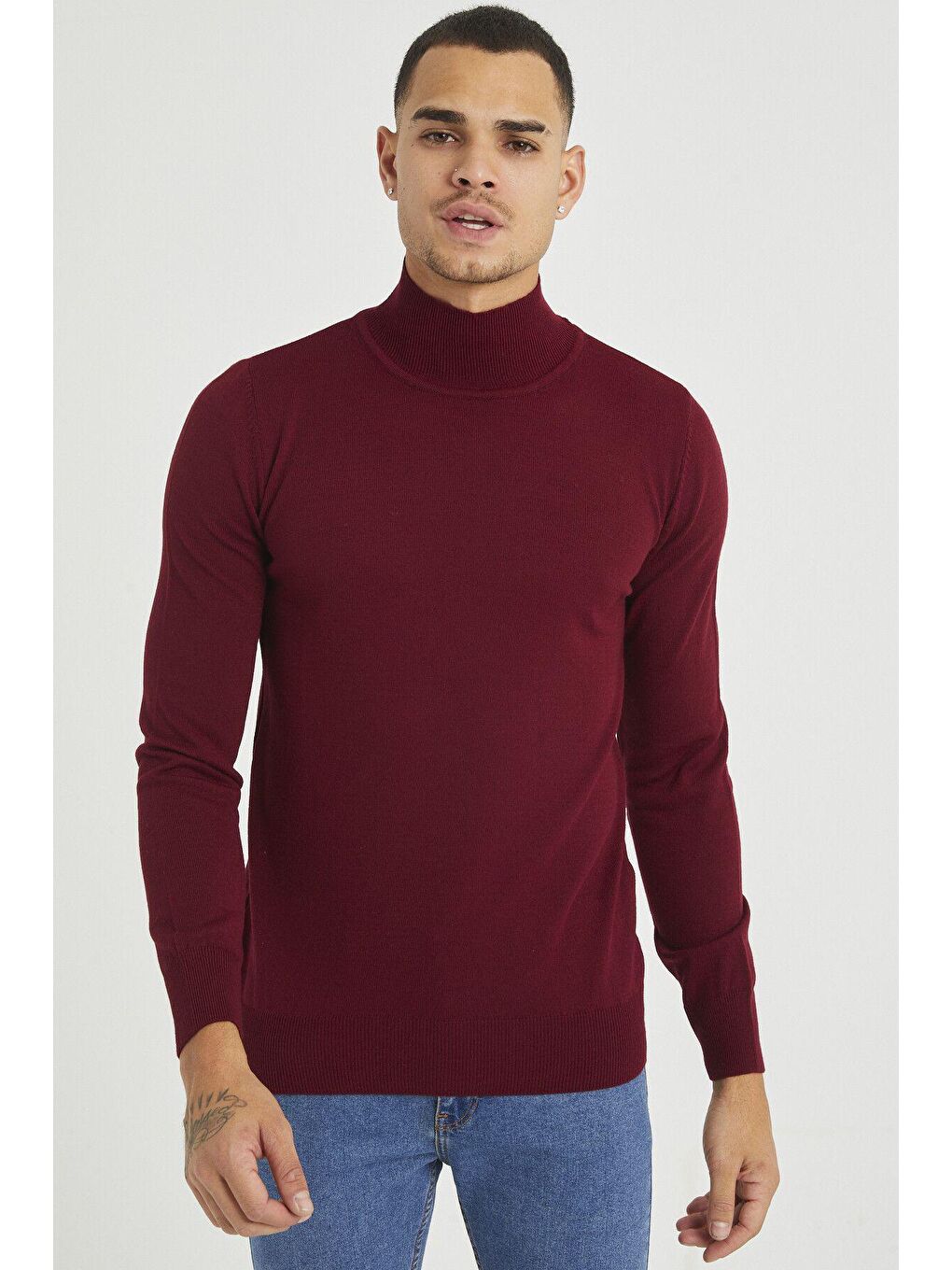 Tarz Cool Bordo Erkek Slim Fit Yarım Balıkçı Yaka Basic Triko Kazak - 2