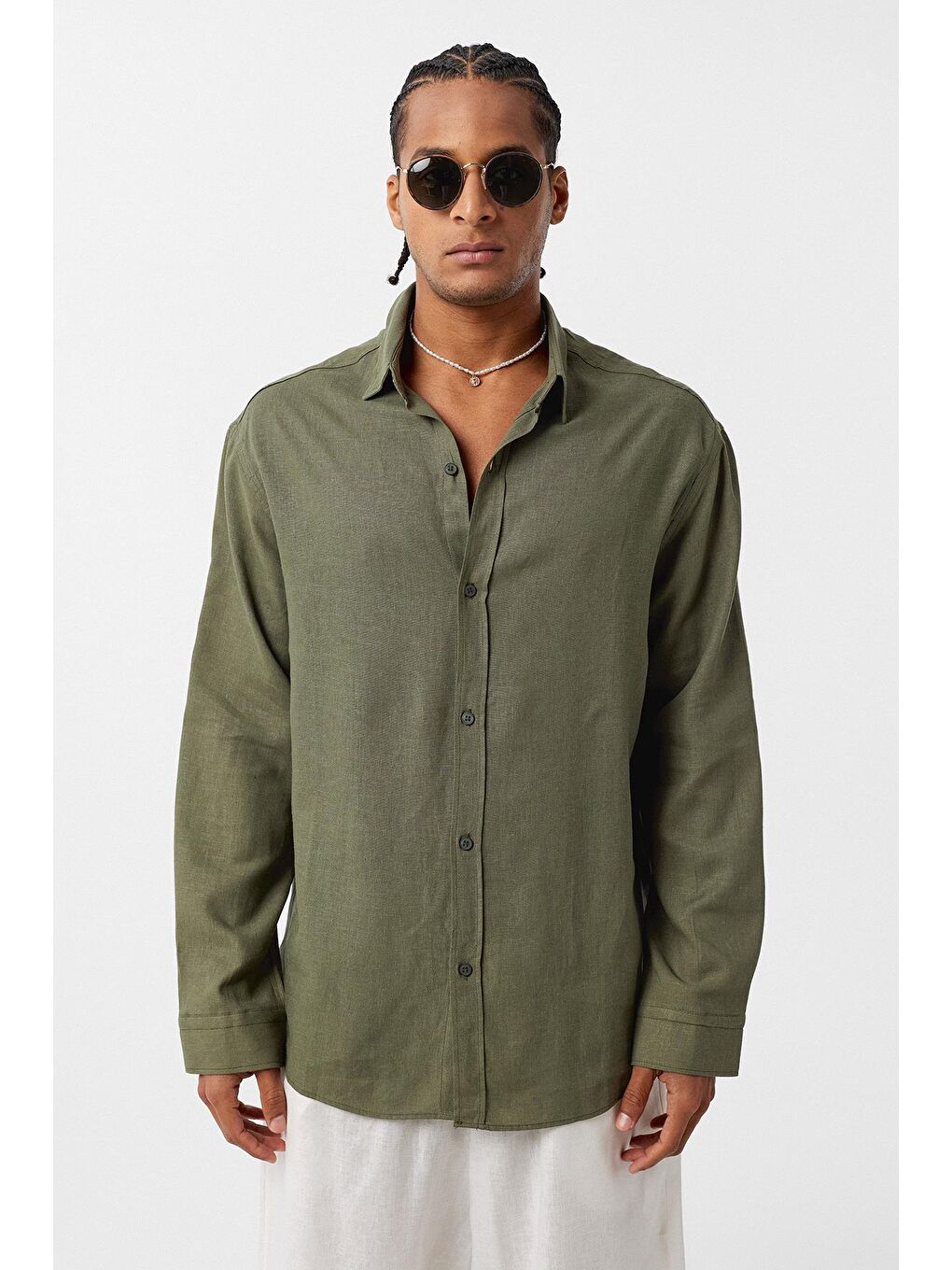Basic Oversize Uzun Kollu Keten Gömlek Haki