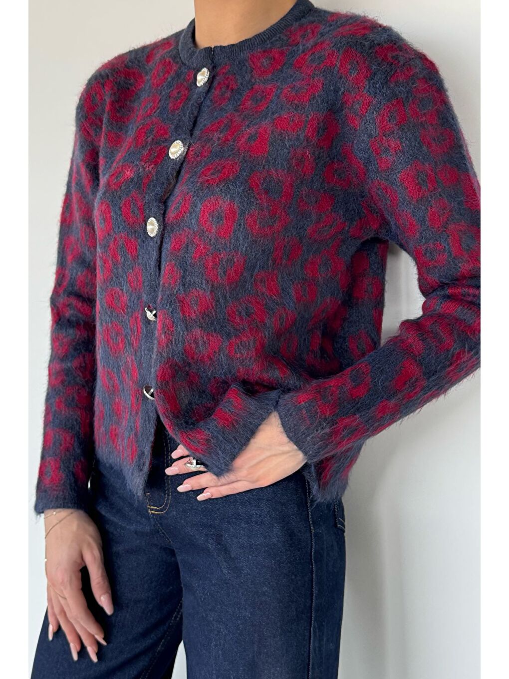 Lacivert Kadın Desenli İnci Düğmeli Triko Hırka-2