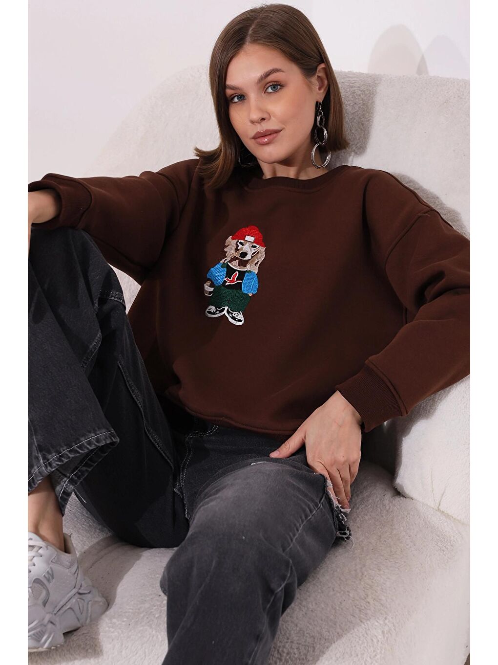 Kahverengi Köpek Baskılı Sweatshirt-2