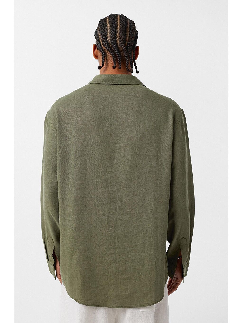 Basic Oversize Uzun Kollu Keten Gömlek Haki-2