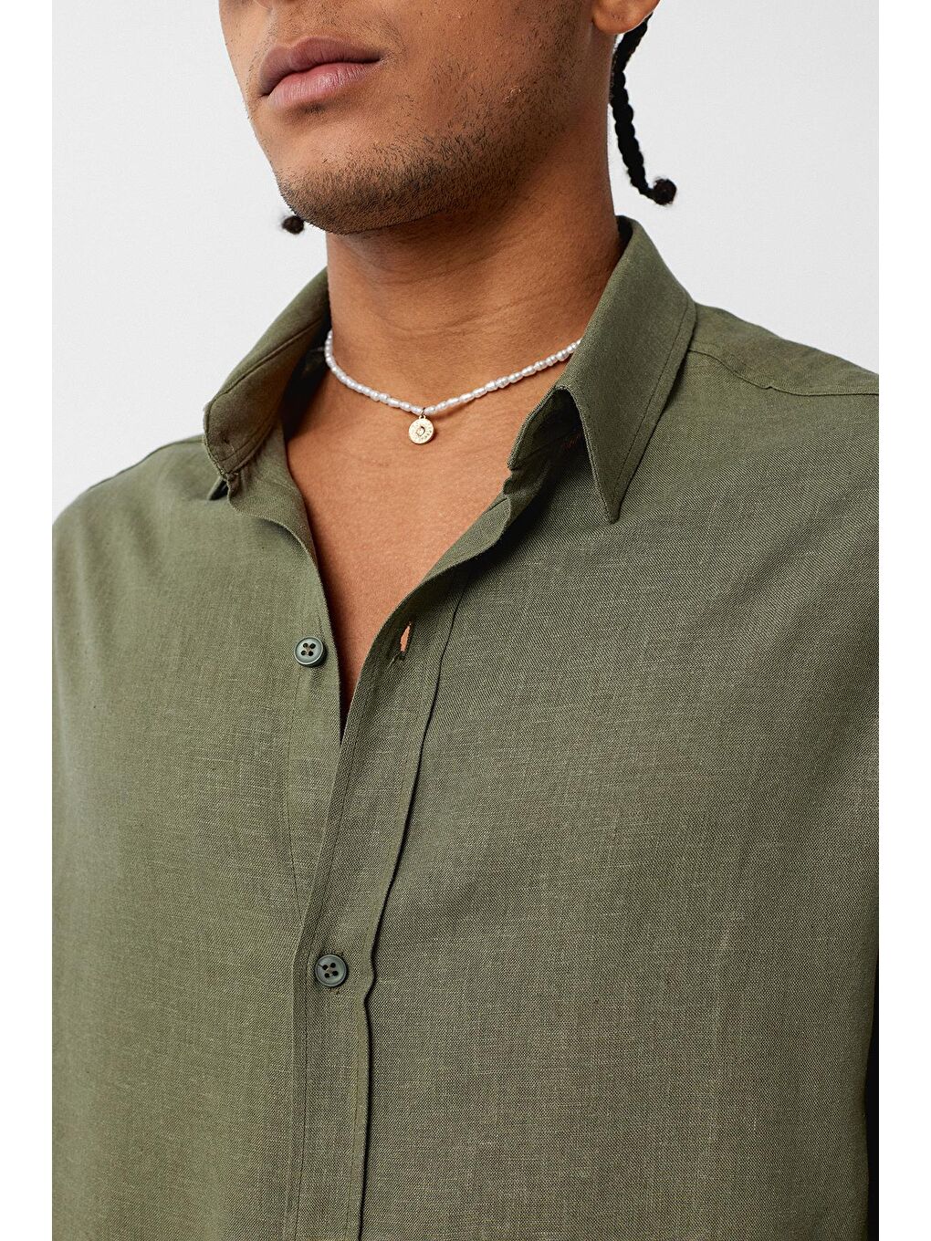 Basic Oversize Uzun Kollu Keten Gömlek Haki-3