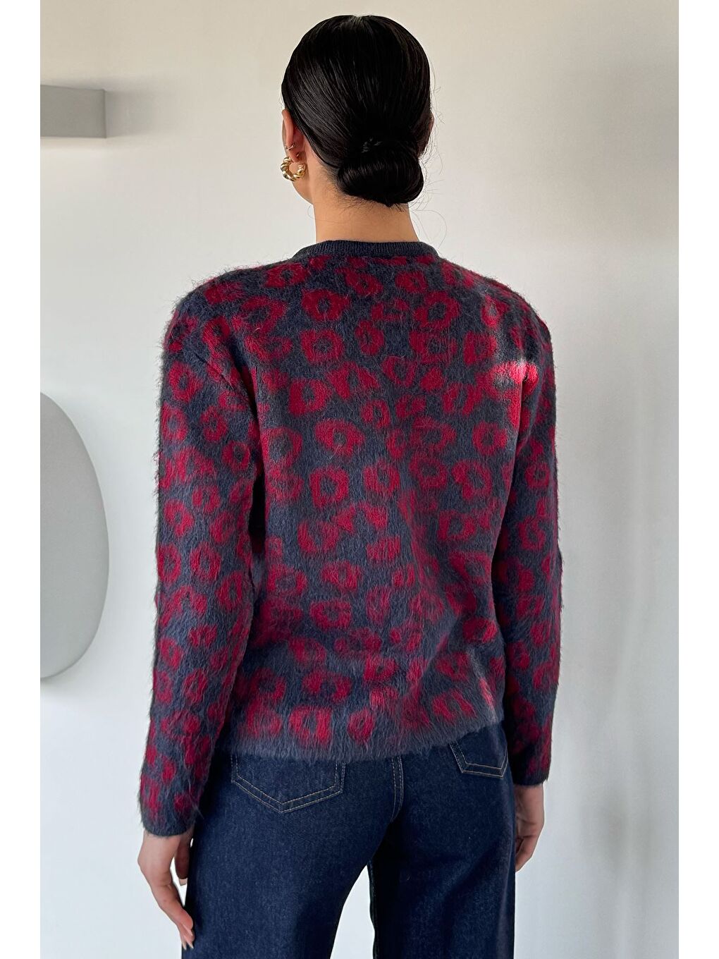 Lacivert Kadın Desenli İnci Düğmeli Triko Hırka-3