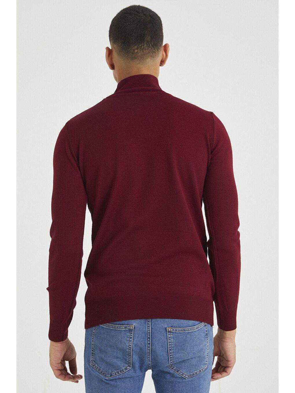 Tarz Cool Bordo Erkek Slim Fit Yarım Balıkçı Yaka Basic Triko Kazak - 4