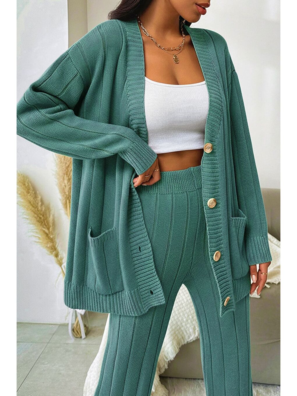 Yeşil Kadın Ön Düğmeli Kendinden Çizgi Desenli Triko Hırka Pantolon İkili Takım-1