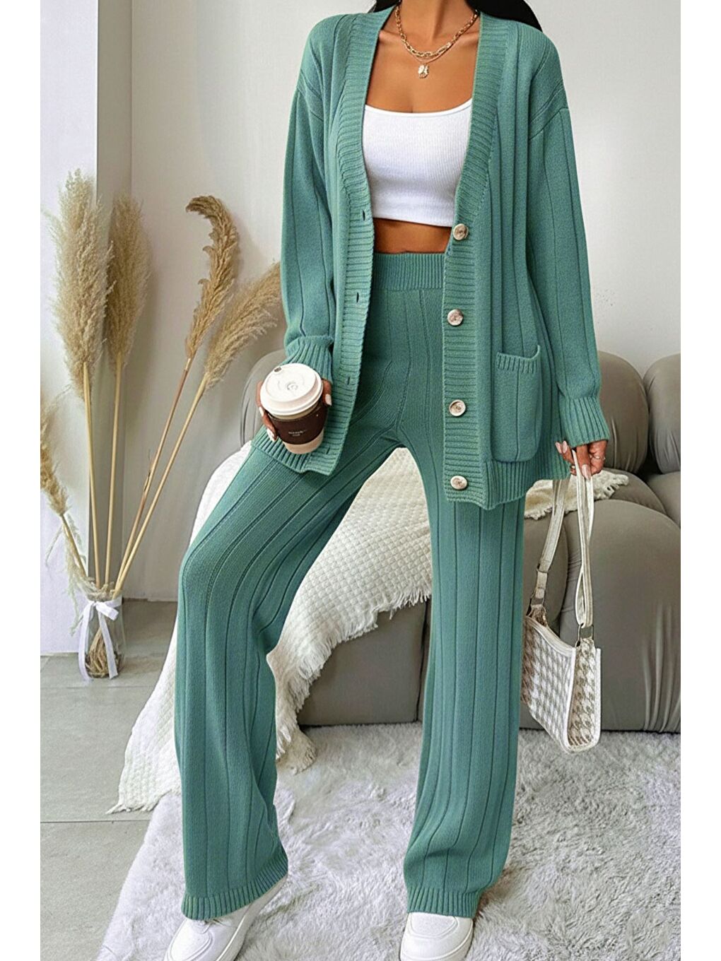 Yeşil Kadın Ön Düğmeli Kendinden Çizgi Desenli Triko Hırka Pantolon İkili Takım-2