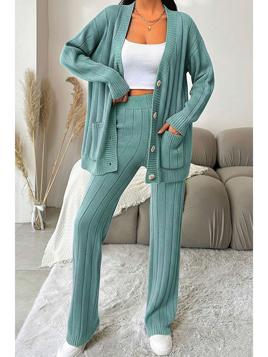 Yeşil Kadın Ön Düğmeli Kendinden Çizgi Desenli Triko Hırka Pantolon İkili Takım-3