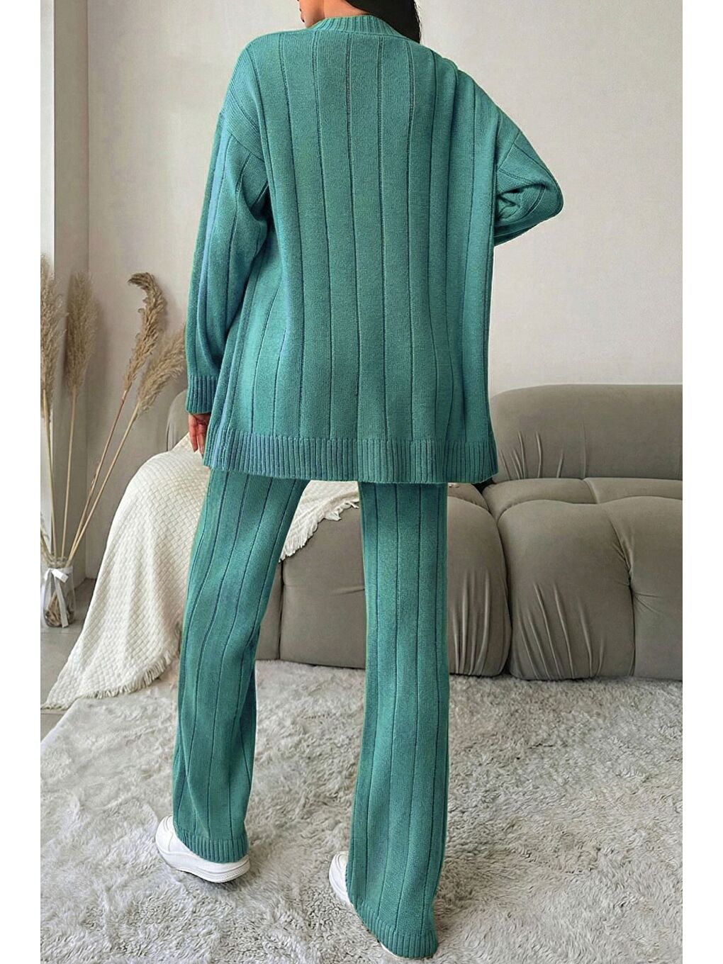 Yeşil Kadın Ön Düğmeli Kendinden Çizgi Desenli Triko Hırka Pantolon İkili Takım-4
