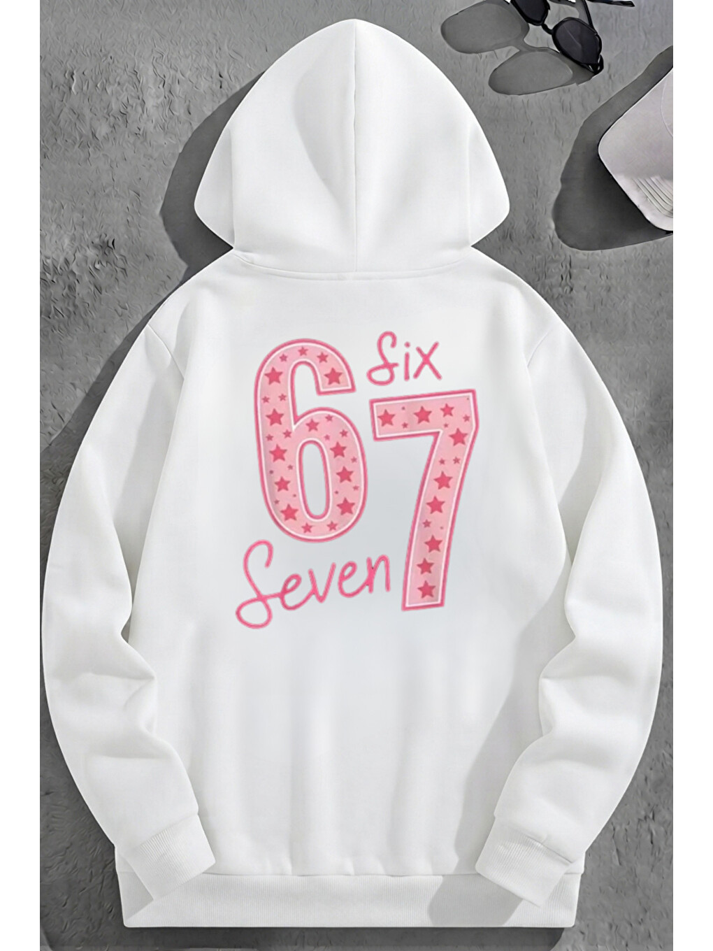 Unisex 3 İplik Pamuklu Beyaz 67sıxseven Baskı Bol Kalıp Sweatshirt Hoodie