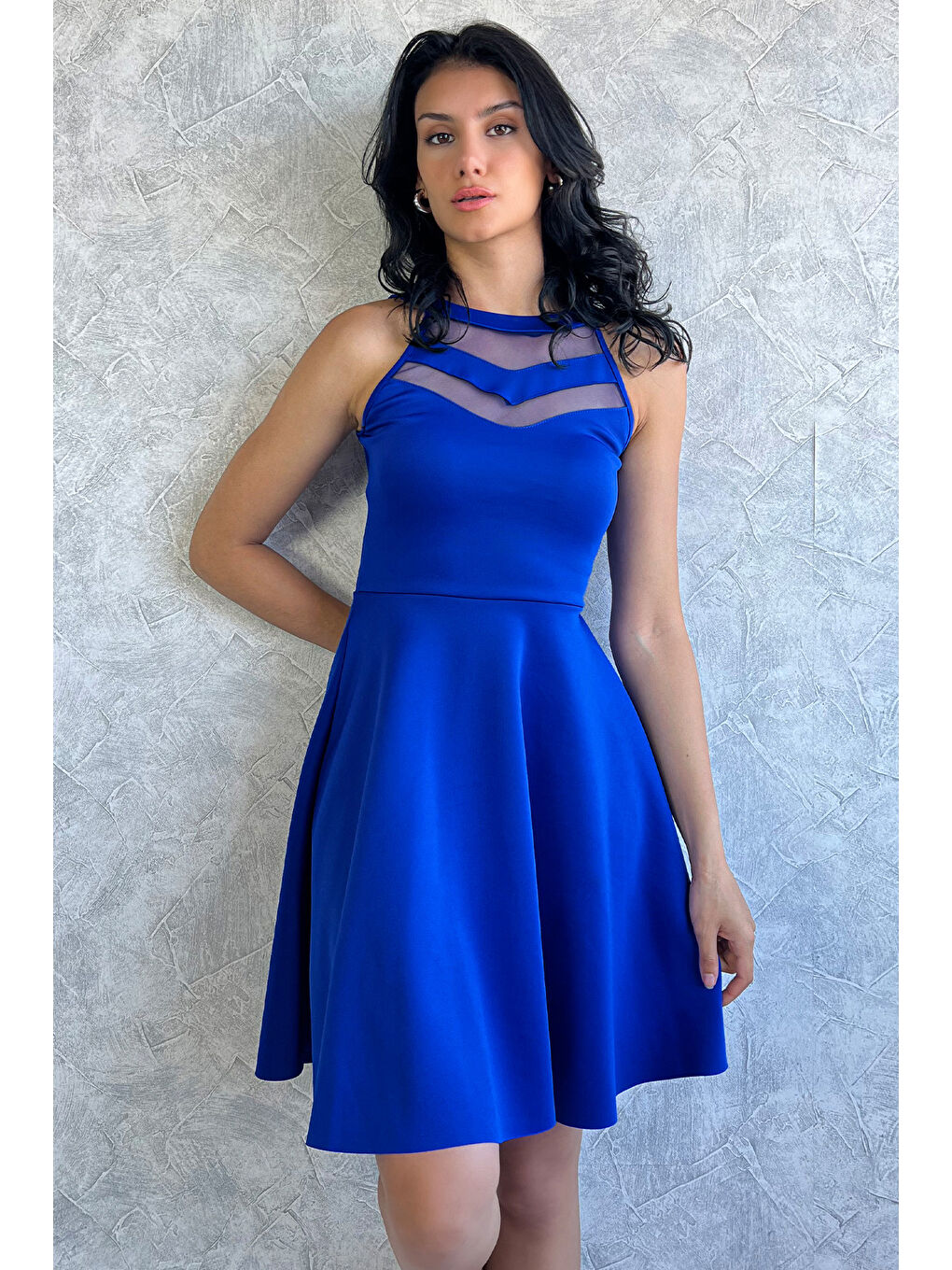 Mavi Robası Tüllü Kloş Dalgıç Abiye Elbise-1