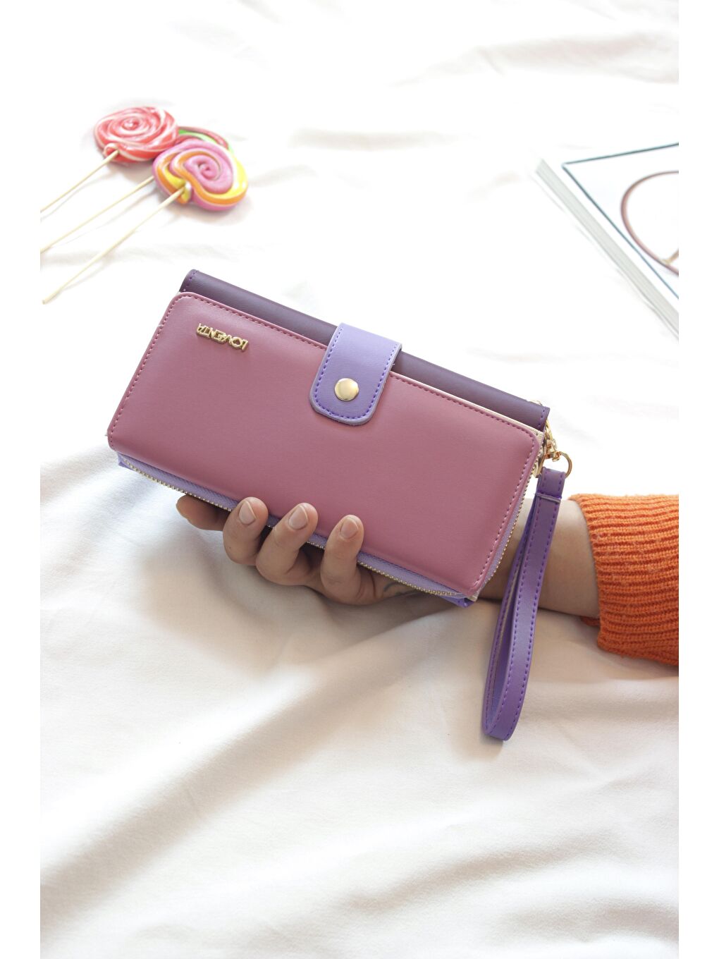 Pembe Büyük Boy Renkli Kadın Cüzdan Ve El Çantası-1