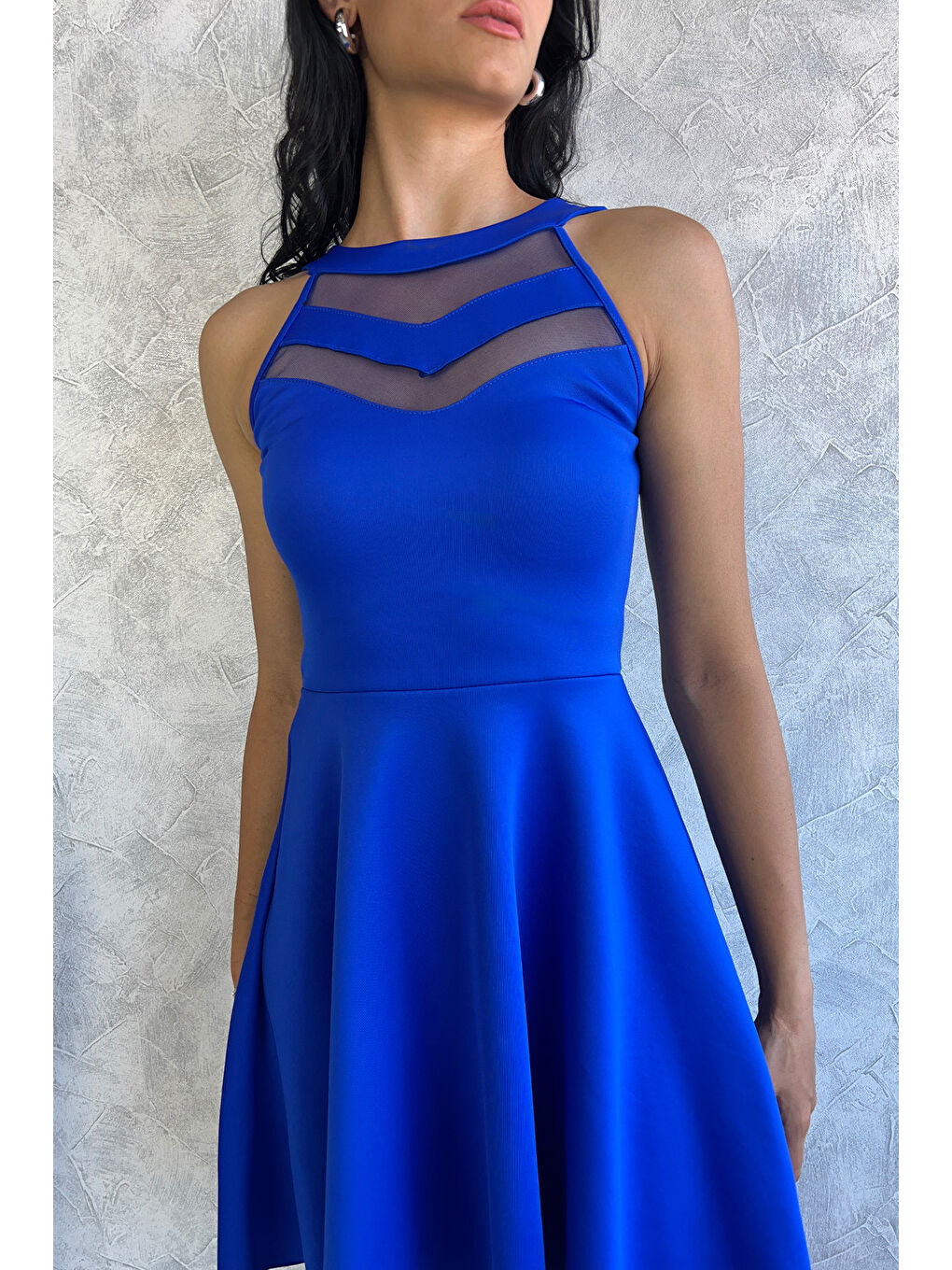 Mavi Robası Tüllü Kloş Dalgıç Abiye Elbise-2