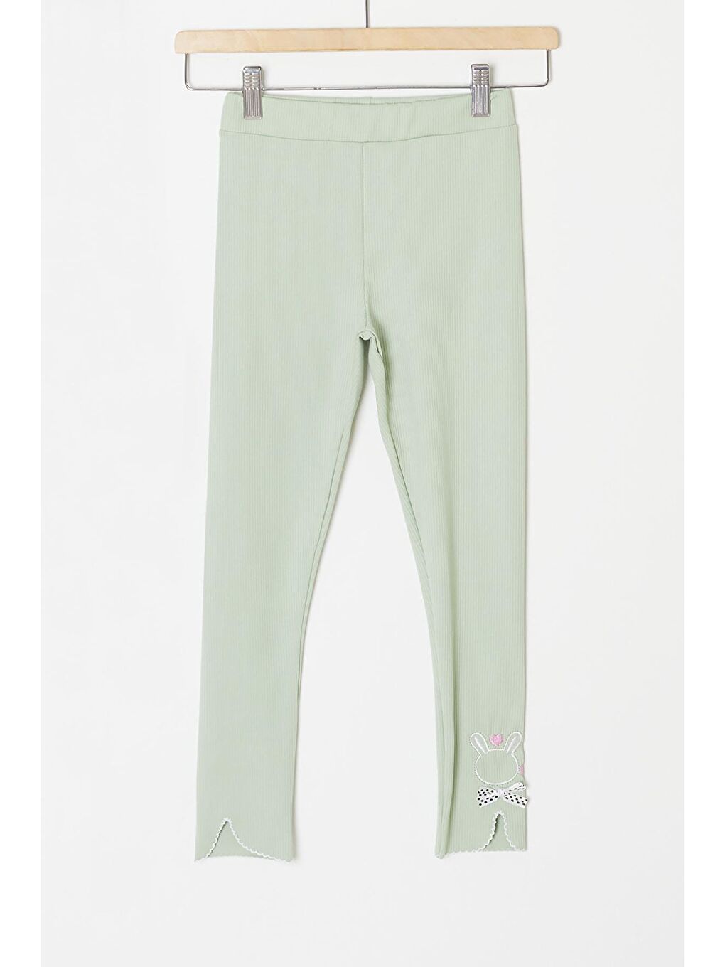 Yeşil Fiyonklu Tavşan Nakışlı Fitilli Kız Çocuk Yırtmaçlı Tayt 18147