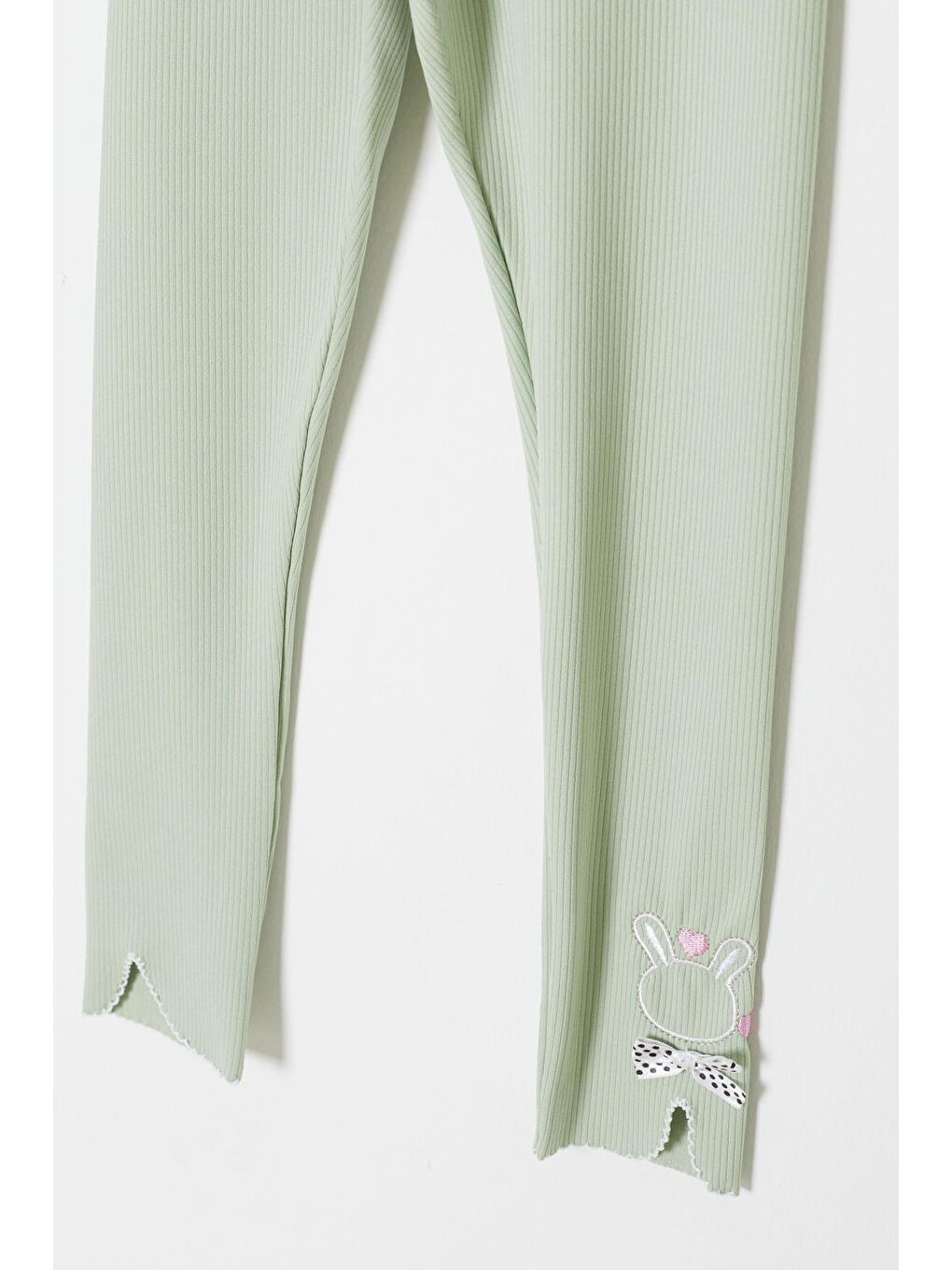 Yeşil Fiyonklu Tavşan Nakışlı Fitilli Kız Çocuk Yırtmaçlı Tayt 18147-2