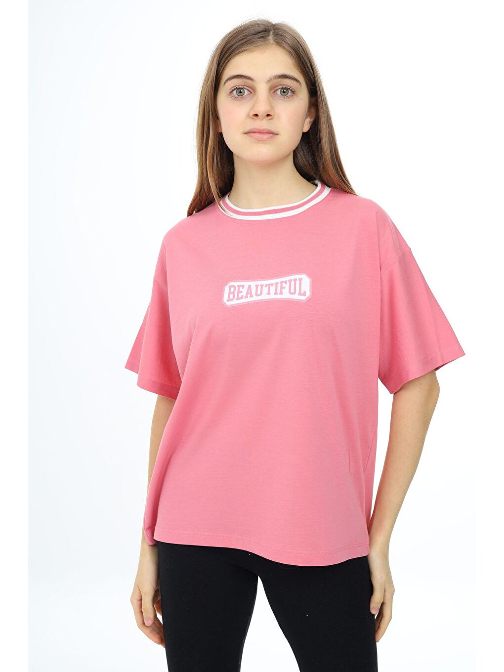 Pembe Beautiful Yazılı Oversize Kız Tişört 17812