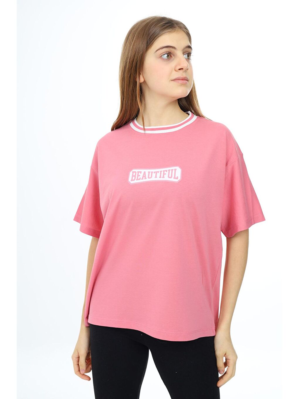 Pembe Beautiful Yazılı Oversize Kız Tişört 17812-1